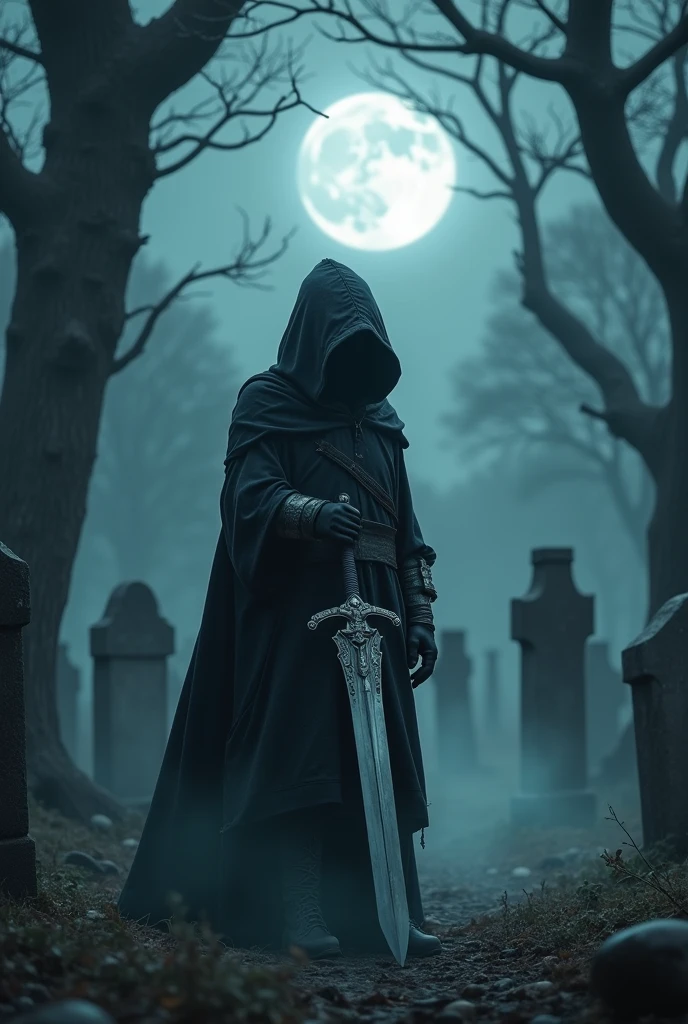 A adult boy his hide face take big sword on a big graveyard