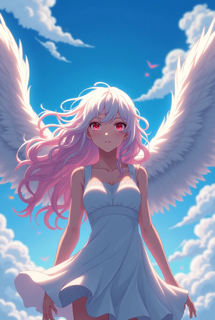 My oc from my hero academia a girl with long curly white hair with pink tips and blood red eyes her quirk is two white wings only her body is seen from the shoulders up 
