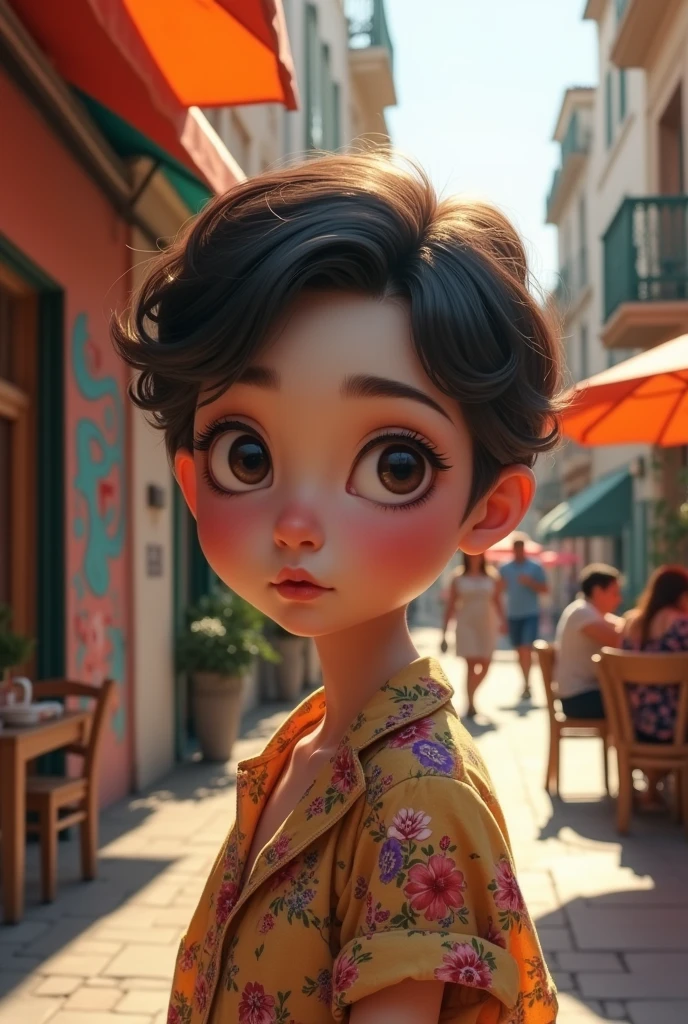 A beautiful girl with thin lips,large eyes, beautiful nose,with short hairs,wearing pent shirt