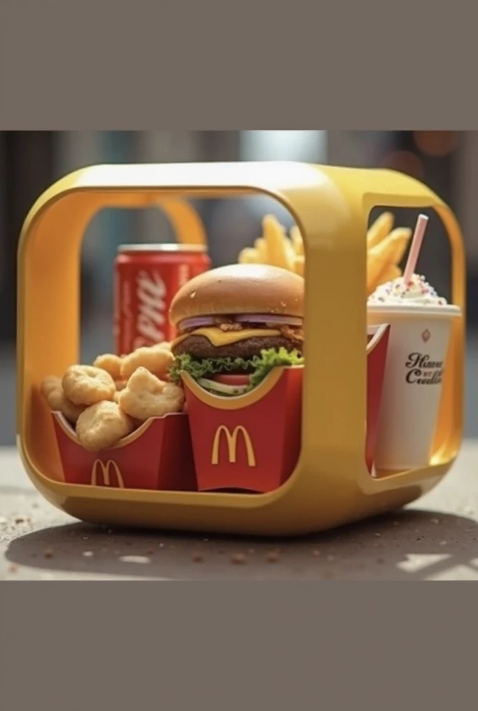 Créer moi une marque de nourriture qui s'appelle : Smart-food, ils servent leurs clients de la nourriture dans des conteneurs rectangulaire ou carré, transparent en plastique, avec des bords arrondis et une poignée grise très très visible et prononcé au dessus de la boite, a l'intérieur de cette boite, se trouve de plus petites boites individuelles, chacune de ces petites boites contiennent : 1 Burger, des frites, des nuggets, 1 Coca-Cola et un McFlurry, chaqun de ces aliments doivent au moins etre present sur l'image, et doit etre visible,