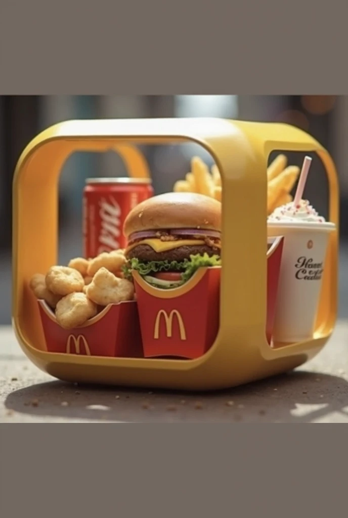 Créer moi une marque de nourriture qui s'appelle : Smart-food, ils servent leurs clients de la nourriture dans des conteneurs rectangulaire ou carré, transparent en plastique, avec des bords arrondis et une poignée grise très très visible et prononcé au dessus de la boite, a l'intérieur de cette boite, se trouve de plus petites boites individuelles, chacune de ces petites boites contiennent : 1 Burger, des frites, des nuggets, 1 Coca-Cola et un McFlurry, chaqun de ces aliments doivent au moins etre present sur l'image, et doit etre visible,