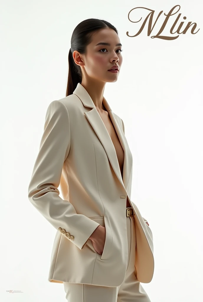 Create a fashion poster featuring a women's blazer as the main product, with the brand name 'N'Lin' prominently displayed in the image. The poster should exude elegance and sophistication, appealing to young women with a refined and trendy sense of style. Use a minimalist design with a clean background, focusing on the blazer's details and quality. The typography should be sleek and modern, and the placement of 'N'Lin' should be tasteful yet noticeable, reinforcing the brand's identity within the high-fashion market
