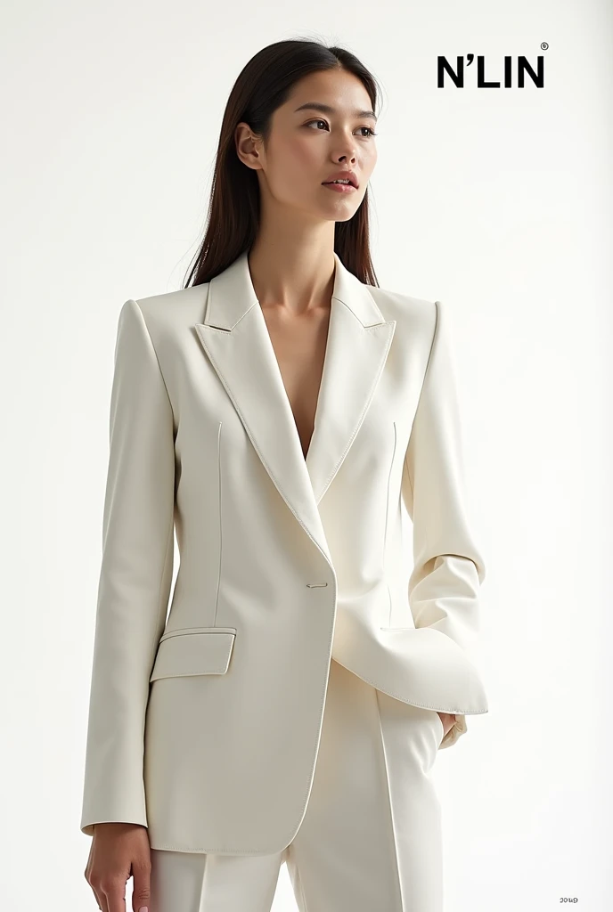 Create a fashion poster featuring a women's blazer as the main product, with the brand name 'N'Lin' prominently displayed in the image. The poster should exude elegance and sophistication, appealing to young women with a refined and trendy sense of style. Use a minimalist design with a clean background, focusing on the blazer's details and quality. The typography should be sleek and modern, and the placement of 'N'Lin' should be tasteful yet noticeable, reinforcing the brand's identity within the high-fashion market