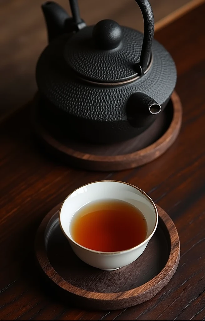 The elegant and refined tea ceremony brings a touch of pure tea charm,bloom in silence。Cast iron kettles are tempered over time,Forge a unique texture,Exuding a warm and moist atmosphere。Beautiful white porcelain cup,Delicate and smooth glaze,Just right to carry the fragrance of tea。Placed on rustic wooden coaster,It forms a tranquil picture full of Zen。
Background gradient deep black,Enhance the texture of teaware,It feels like you are in a peaceful Zen tea space。Interlacing of light and shadow,Exuding the warmth and softness of the afternoon,Provides a comfortable and relaxing atmosphere。
The overall picture is minimalist but rich in layers,Elegance reveals a vague romantic charm。Meticulous photography techniques,Capturing the Zen and tranquility of the tea ceremony,Demonstrate high-quality visual experience。