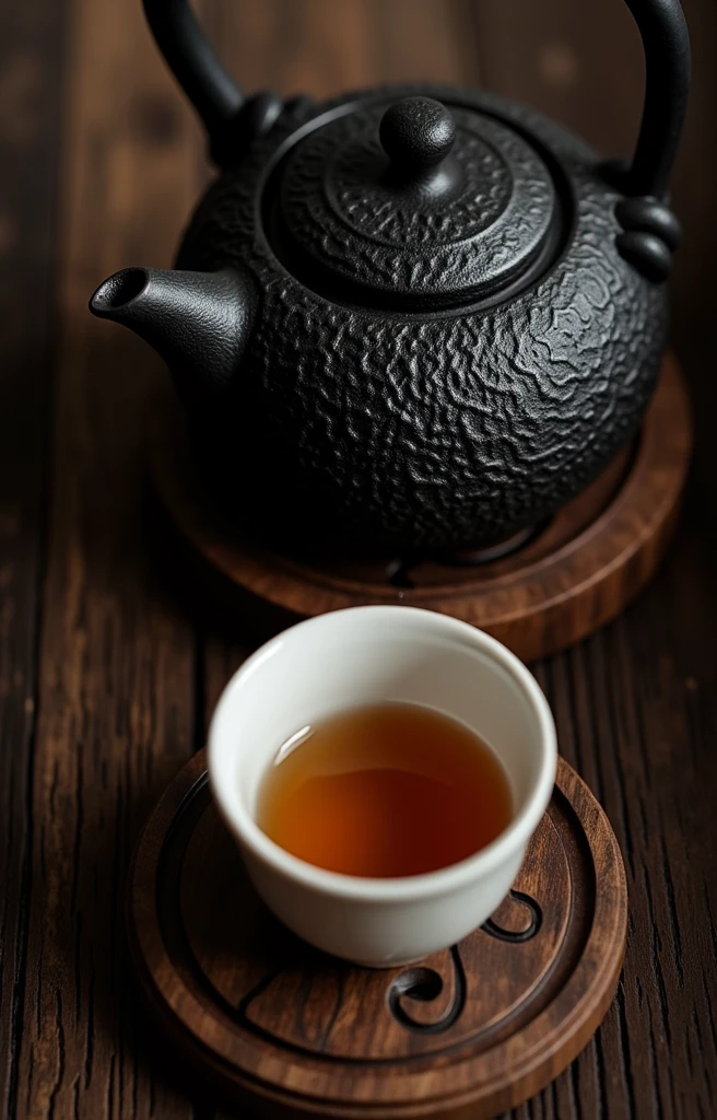 The elegant and refined tea ceremony brings a touch of pure tea charm,bloom in silence。Cast iron kettles are tempered over time,Forge a unique texture,Exuding a warm and moist atmosphere。Beautiful white porcelain cup,Delicate and smooth glaze,Just right to carry the fragrance of tea。Placed on rustic wooden coaster,It forms a tranquil picture full of Zen。
Background gradient deep black,Enhance the texture of teaware,It feels like you are in a peaceful Zen tea space。Interlacing of light and shadow,Exuding the warmth and softness of the afternoon,Provides a comfortable and relaxing atmosphere。
The overall picture is minimalist but rich in layers,Elegance reveals a vague romantic charm。Meticulous photography techniques,Capturing the Zen and tranquility of the tea ceremony,Demonstrate high-quality visual experience。