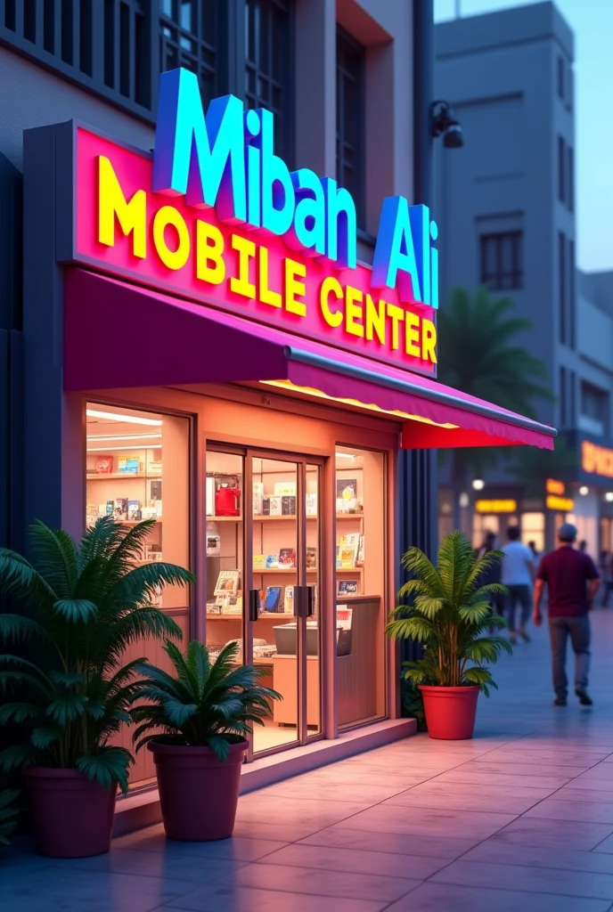 3d mobile shop front photo  with name Mian Akbar Ali Mobile center Facebook cover photo 