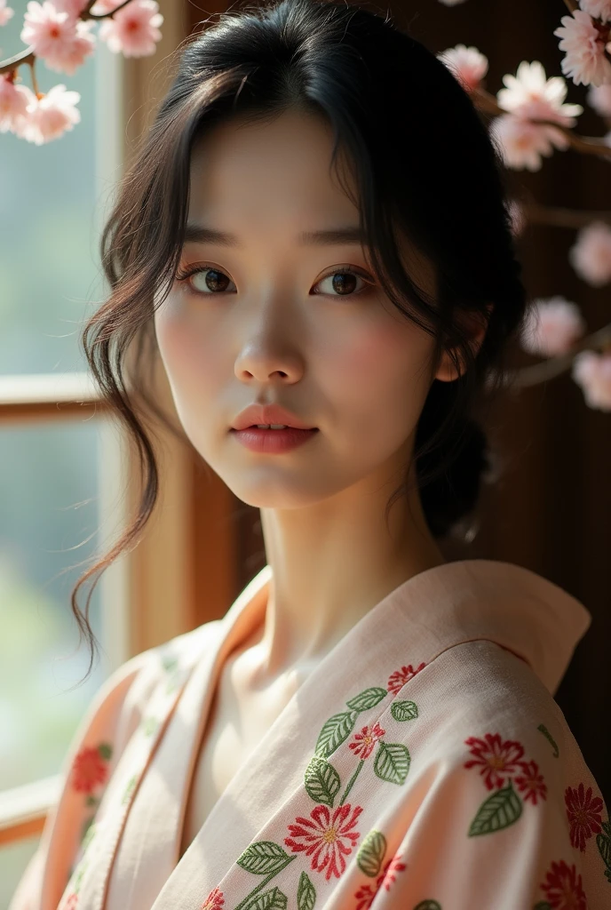 An elegantly dressed Japanese woman in natural light、A close-up of her chest and calm expression.、It shows her inner peace and outer charm.。