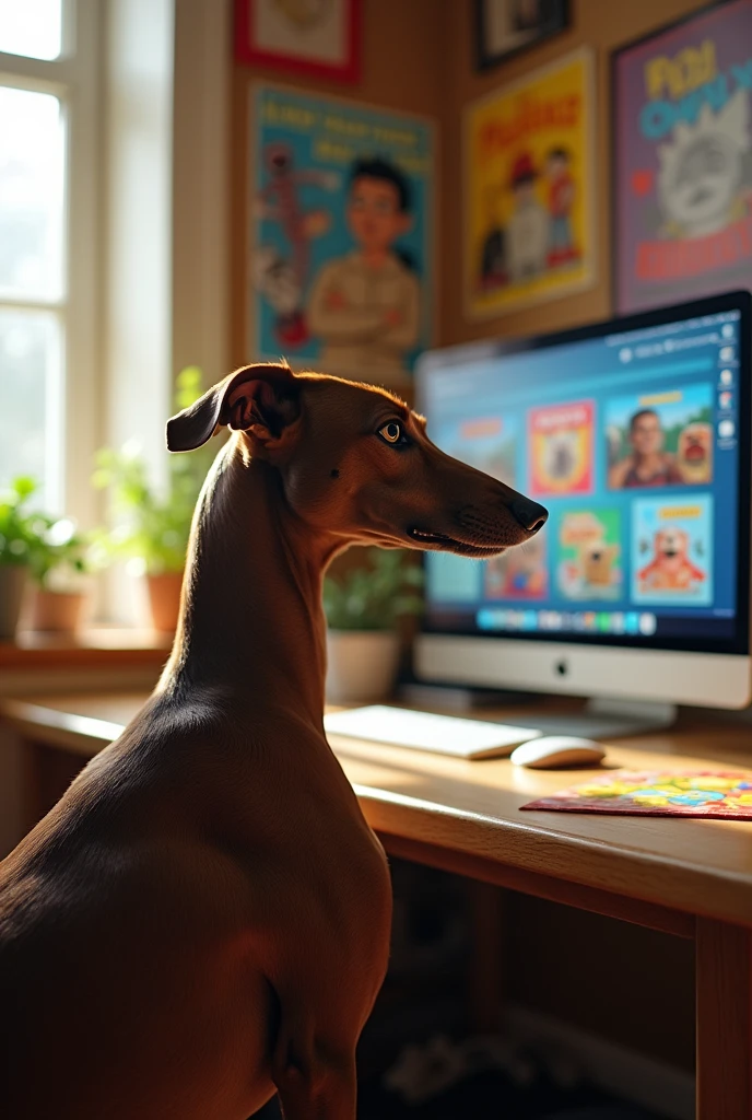 Greyhound dog in front of computer making animated decisions