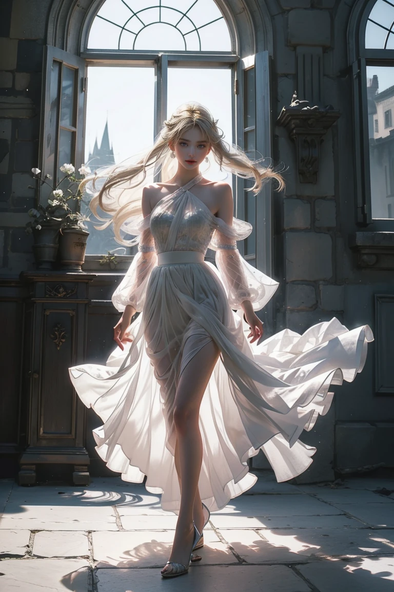 ((Girl standing in front of the castle wall))、Fluorescent color、One Girl、Look to the side、Beautiful Face、Beautiful Eyes、(Big Blue Eyes)(From the shoulder down:1。 2)、(Golden white hair)、Shiny Hair、Glowing Skin、Reduce glare、Finger Proportion Adjustment、Escrow、Butt viewpoint、Dynamic Angle、((Master Parts))、((Highest quality))、(((Ultra Details)、(An illustration)、(Detailed light)、(Very delicate and beautiful)、Dramatic Shadows、Ray tracing、reflection、Ultra-high resolution、((Master Parts))、((Highest quality))、((Ultra HD))。 Ultra-high resolution、((Colorful hair and mesh))、Her hair flutters in the wind、(Big deep blue eyes)、Golden white hair、haired woman、Sparkling Butterfly、Sparkling Butterfly、黒haired woman、Points of light around the woman、Magical Aura、Green dot、The nature of the aura、Magical Aura黒haired woman、 ((Translucent red one-shoulder dress: 1. 3)、(No sleeve)、((The skirt flutters up in the wind))、((An old European castle stands in the distance))、(Full Body Shot),(Long legs)、(High heels),