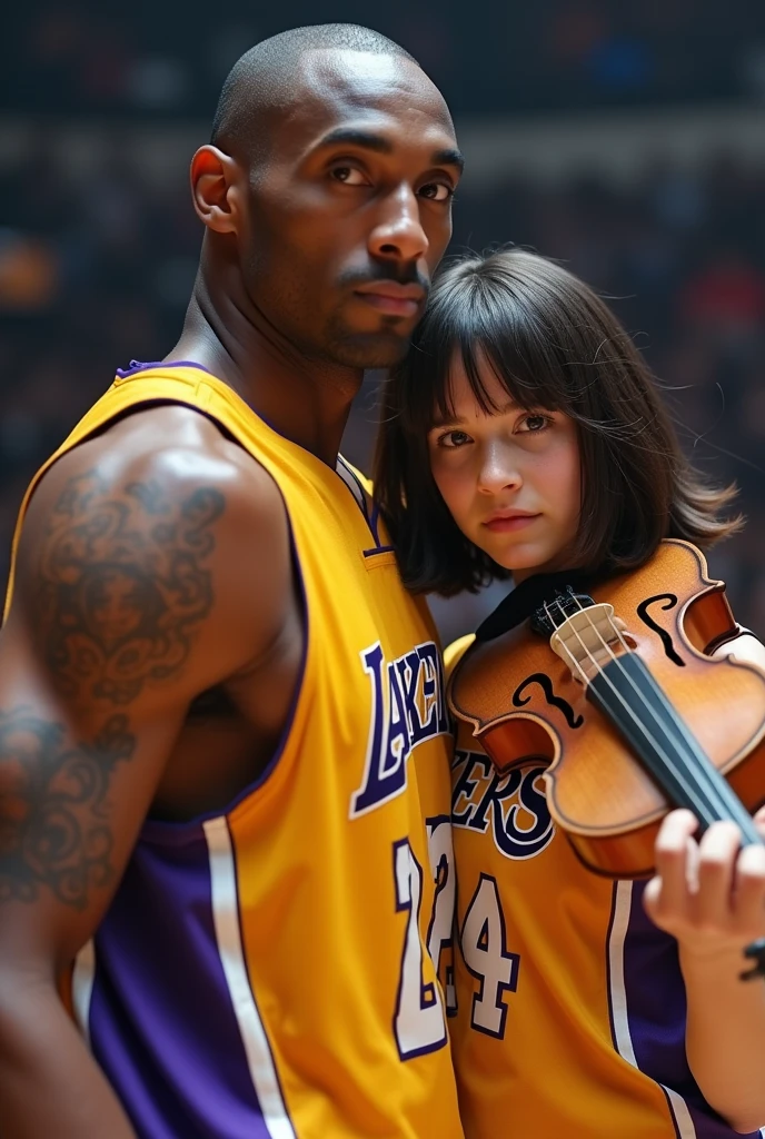 Create an image where this Kobe Bryant is playing with a  girl, with short shoulder-length hair and brown eyes, white skin that measures 1.57cm, also that it has to do with music, the violin , art and mathematics and dedication 