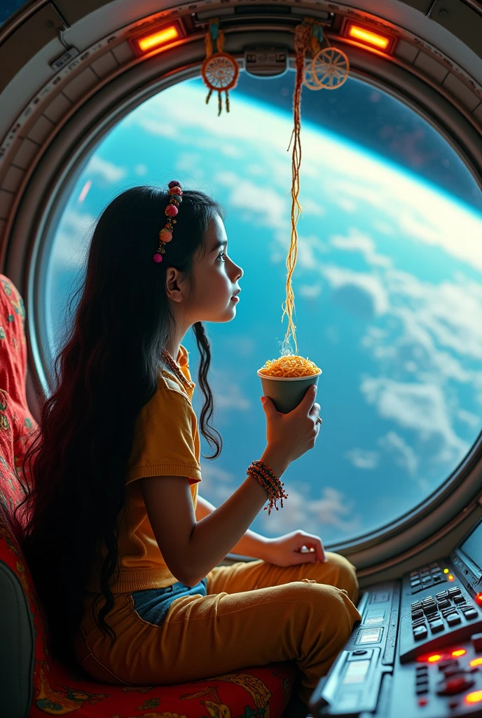 Mexican astronaut girl sitting in a cockpit of an spaceship with a view of the earth, surprised for cup of noodles floating because of zero gravity , bohemian style