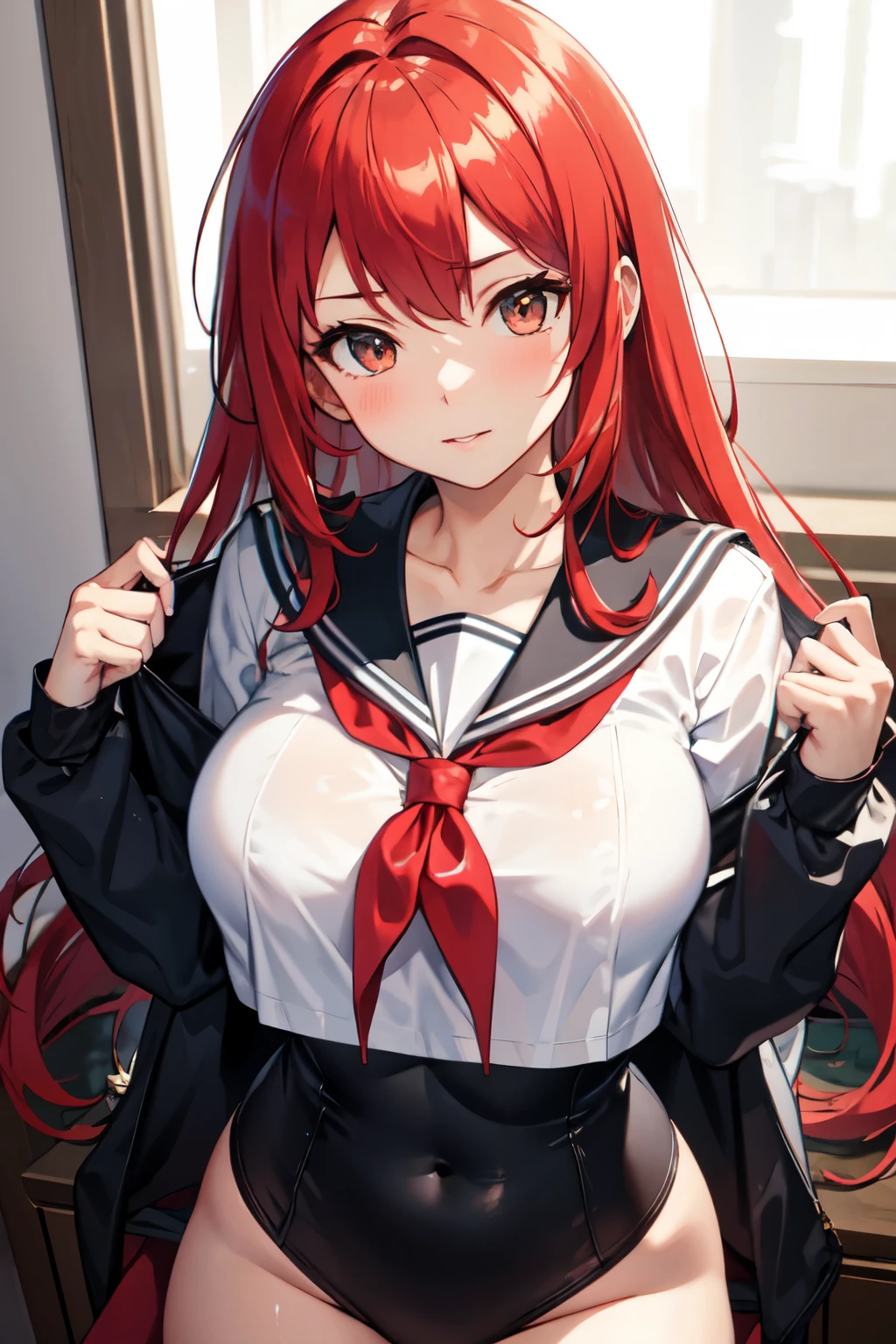 Red hair Red Eye Twin tails Big Tits Black ribbon in hair Yellow ribbon on clothes skirt Sailor suit Pink bold underwear Blowjob Tsundere