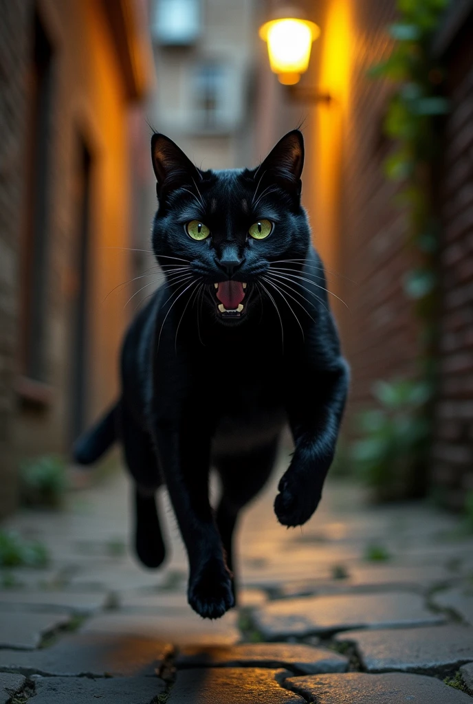 A big black cat is growling with jump