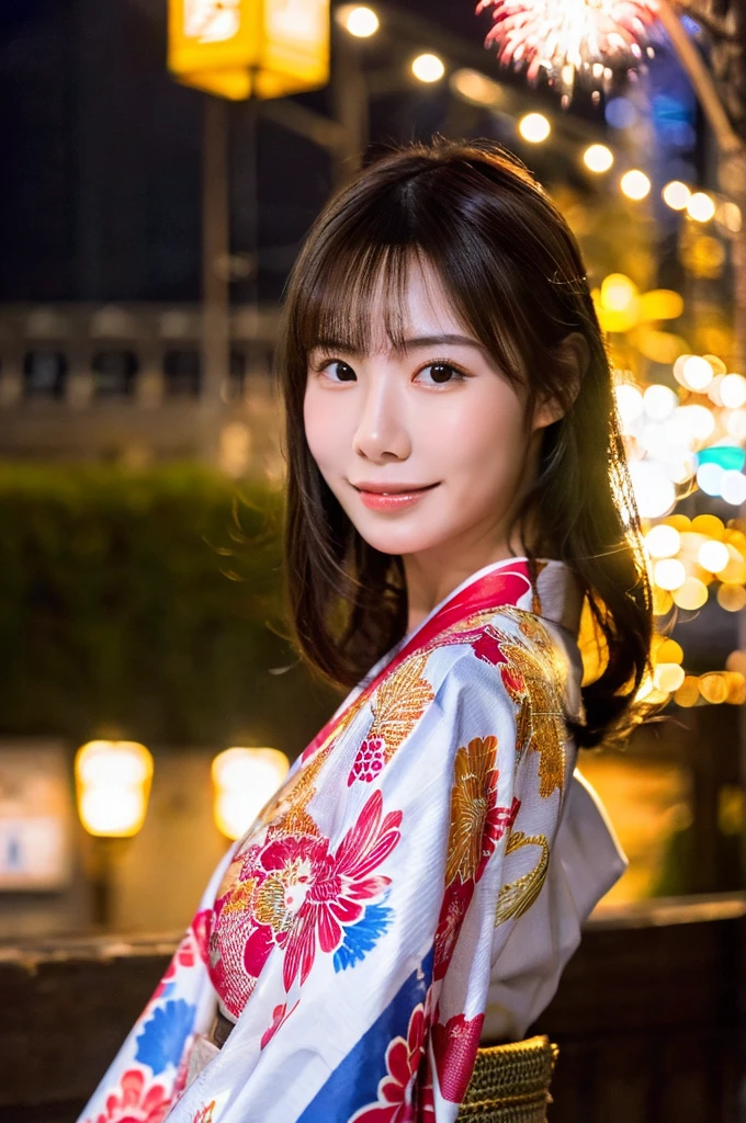 best quality, 8k, very delicate and beautiful, highly detailed face and skin texture, shiny skin, high resolution, sexy japanese girl in kimono on street at night, with firework in the sky, sharp focus
