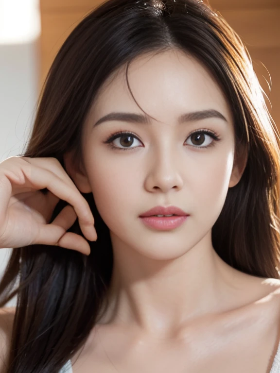 (超High resolution, masterpiece, Anatomically correct, Textured skin, Super Detail, Highest quality, High resolution, 8k, bloom, Front light:1.2, Perfect dynamic composition), (45 years old, 1 person, Cute and sexy high school teacher, Sexy Face, Long face, Distant eyes, Gentle eyelids, Thin eyebrows, Gentle corner of the eye, Hawk-like nose:1.4, It will totally charm you, Eyes that feel erotic, A taste of beautiful eroticism, Too cute beauty), break, Absurd, One person'Perspective, (Wear a button-up shirt, Grey formal jacket), (Captivating smile:0.8), (View your viewers), (Long Hair, Inward curls, bangs, Smooth Hair), (Beige hair:1.2), (Chest close-up: 1.3), ((Very close relationship:1.4)), Mid-chest, ((Place your hands on the table:1.2, Facing each other across the table:1.2)), ((In the school library)), (Shooting from above:1.2),