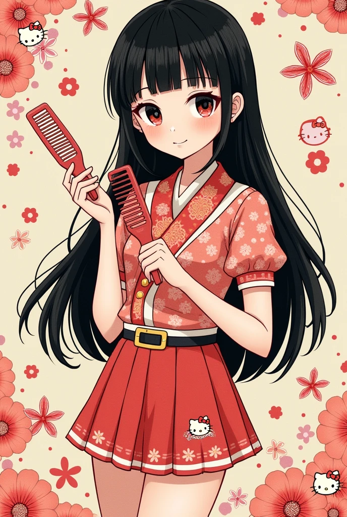 Slim black haired girl with Asian features, colistas comb with hello kitty clothes, in blackwork style drawing