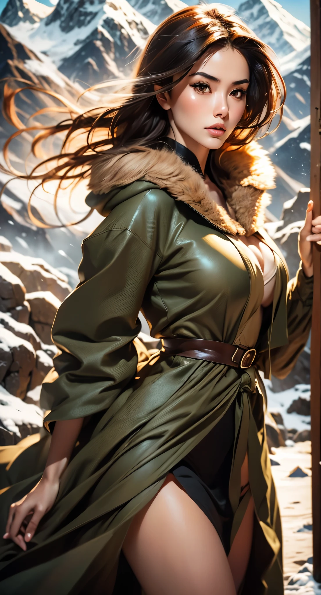 1 woman, Oriental woman, 23 years old, short brown hair, olive skin, smaller head, brown eyes, toned body, medium breasts, long coat with fur and hoods, full traditional costume , masterpiece, ultra HD, realistic masterpiece, blurred background, snowy mountain, dynamic poses, perfect hands, perfect face, perfect details, sharp focus