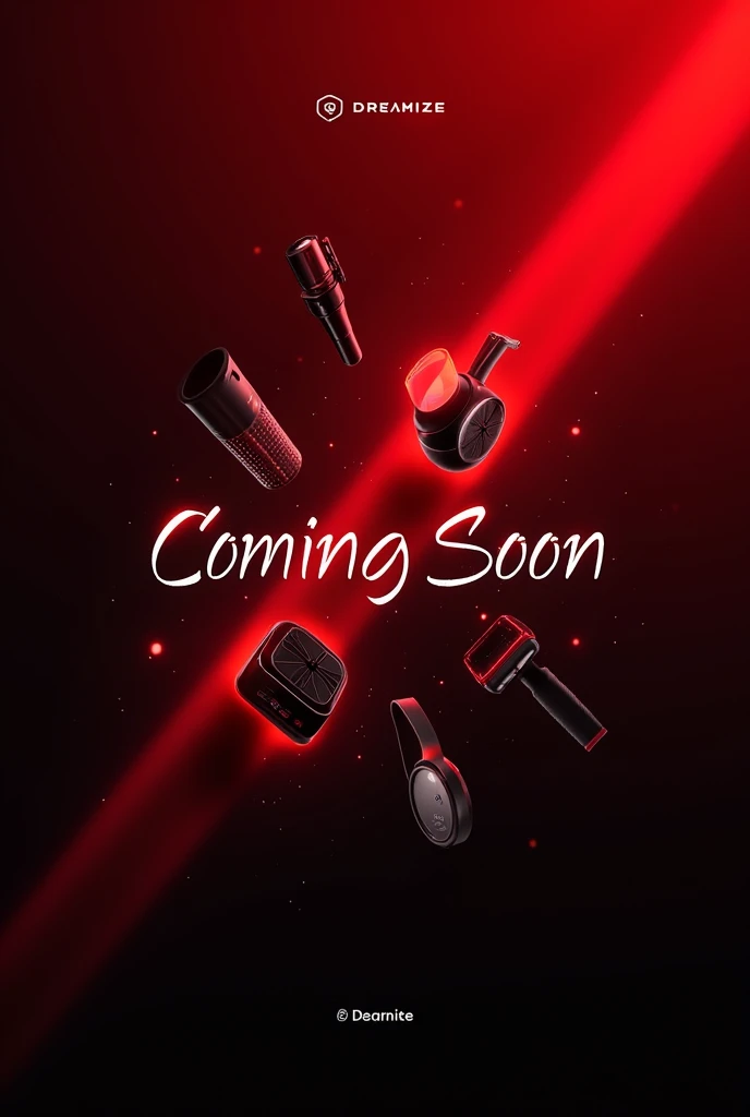 Create a image which welcoming a brand which has selling home appliances,tech gadgets , kitchen products etc products in online store which name is dreamize and comming soon images with the background colour red and black like something big is coming welcoming to the customer and text in that coming soon