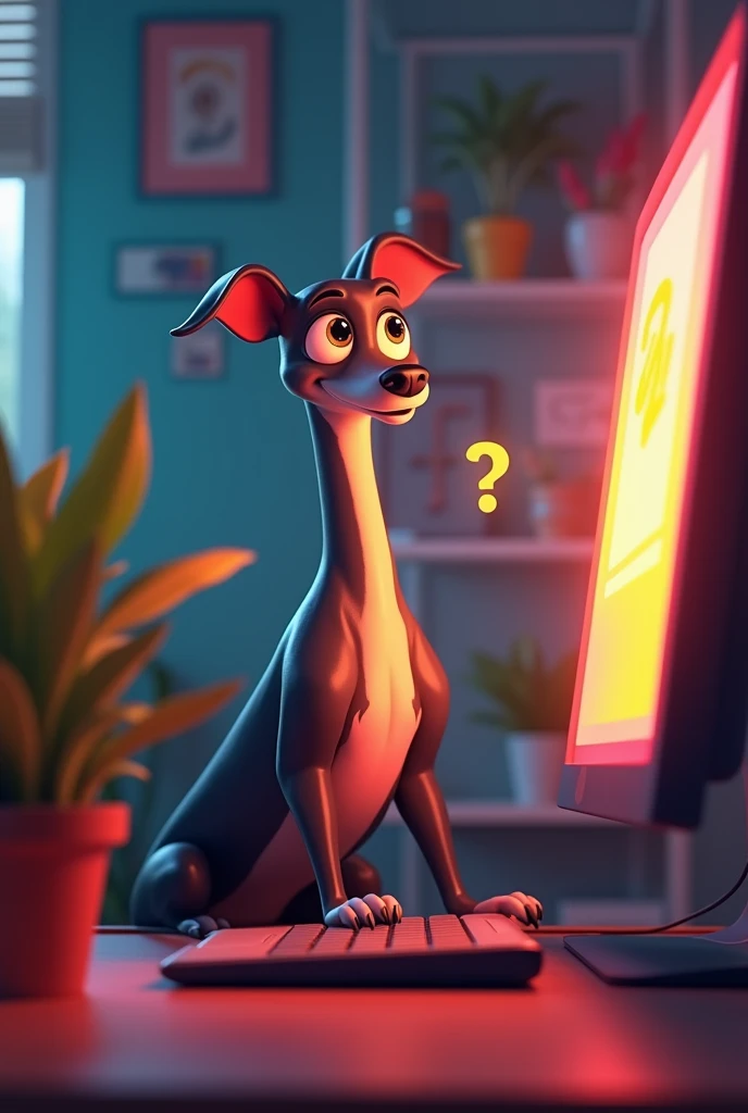 Greyhound dog in front of computer making decisions animated frontal shot