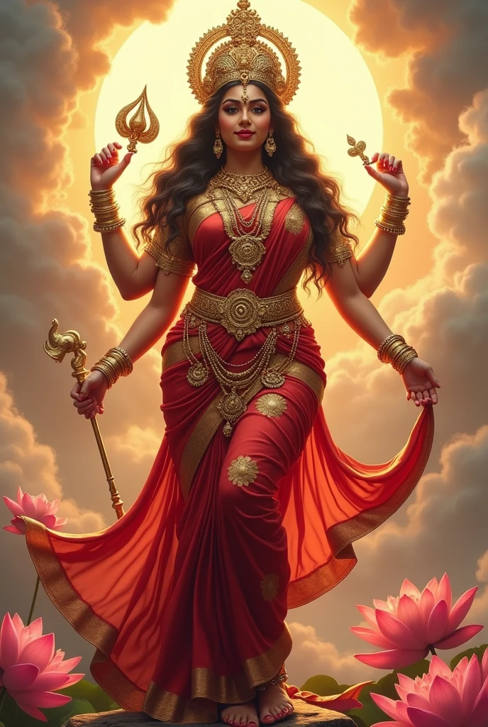 Create a full-body 4K image of Goddess Durga with an extremely curvaceous figure with graceful curves, depicted from head to toe. She is adorned with traditional Indian ornaments, including a crown, necklaces, bangles, and anklets. She is wearing a beautifully draped saree in rich colors with intricate patterns. The setting should reflect her divine and powerful presence, with a soft glow around her and a background that complements her traditional attire.