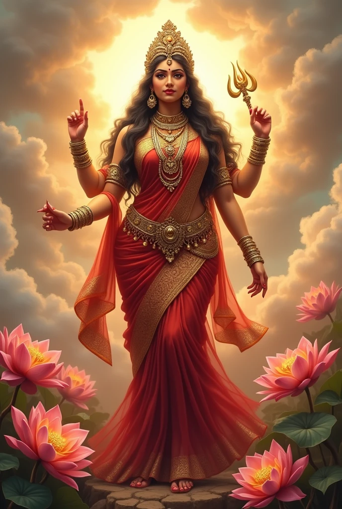 Create a full-body 4K image of Goddess Durga with an extremely curvaceous figure with graceful curves, depicted from head to toe. She is adorned with traditional Indian ornaments, including a crown, necklaces, bangles, and anklets. She is wearing a beautifully draped saree in rich colors with intricate patterns. The setting should reflect her divine and powerful presence, with a soft glow around her and a background that complements her traditional attire.