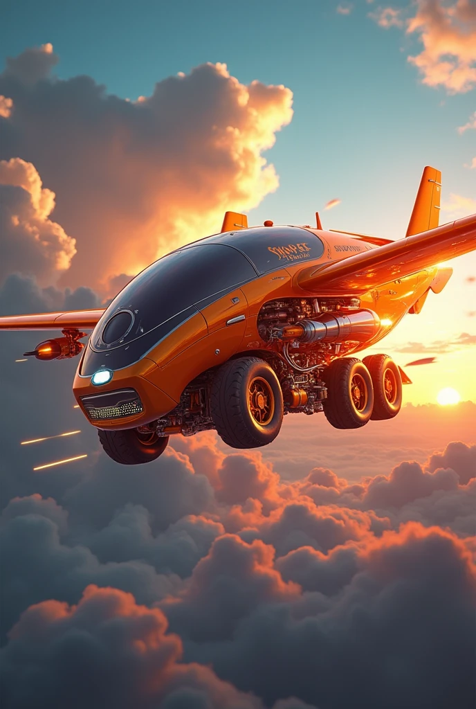 a flying lorry truck with plane wings, futuristic sci-fi airship, hyper-detailed, intricate machinery, dynamic motion blur, cinematic lighting, vibrant colors, dramatic angles, photorealistic, 8k, masterpiece. Shopee orange truck