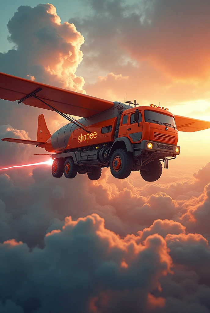a flying lorry truck with plane wings, futuristic sci-fi airship, hyper-detailed, intricate machinery, dynamic motion blur, cinematic lighting, vibrant colors, dramatic angles, photorealistic, 8k, masterpiece. Shopee orange truck
