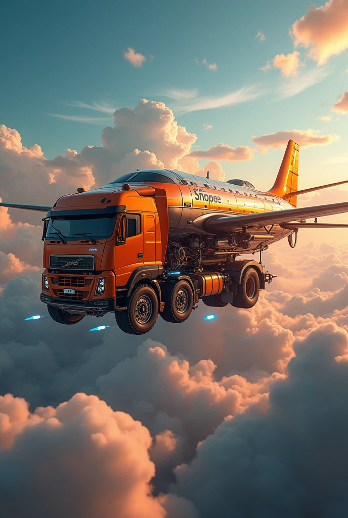 a flying lorry truck with plane wings, futuristic sci-fi airship, hyper-detailed, intricate machinery, dynamic motion blur, cinematic lighting, vibrant colors, dramatic angles, photorealistic, 8k, masterpiece. Shopee orange truck