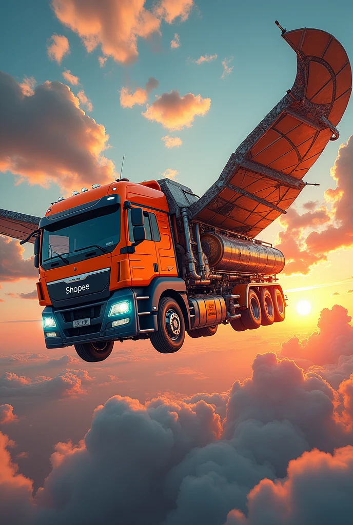 a flying lorry truck with plane wings, futuristic sci-fi airship, hyper-detailed, intricate machinery, dynamic motion blur, cinematic lighting, vibrant colors, dramatic angles, photorealistic, 8k, masterpiece. Shopee orange truck
