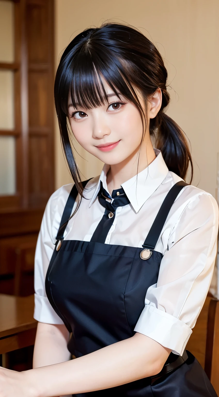 (Highest quality,masterpiece:1.3,Ultra-high resolution,),(Very detailed,Caustics),(Realistic:1.4,RAW shooting,)Ultra-Realistic Capture,Very detailed,High resolution 16K human skin closeup。 Natural skin texture、,pores、、、、It must be detailed enough to be easily identifiable。 Skin tone is even and healthy looking。 Use natural light and color,restaurant,Waitress Uniform,1 person,Japanese,18-year-old,cute,Black-haired,ponytail,Big Breasts,smile,Turn your body forward,(Front view:1.1),Looking into the camera,Cowboy Shot,