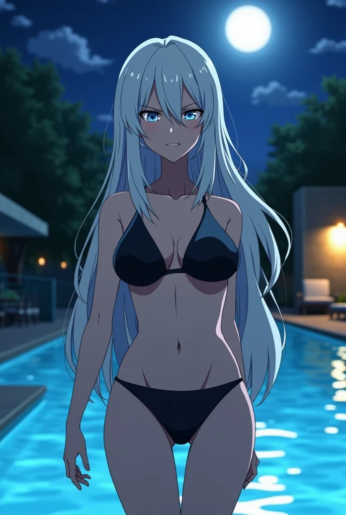 Screenshot of My hero academia Woman with long white hair and light blue eyes ,She is wearing a black bikini,She has a small waist and beautiful body,It is near a pool and it is nighttime,He has an annoyed expression.