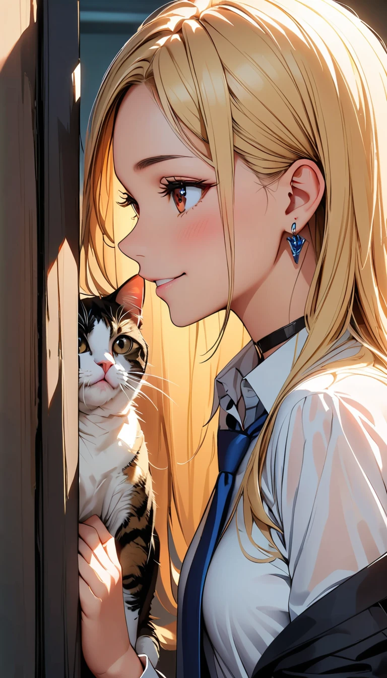 (Highest quality:1.2, Very detailed, Attention to detail, digital coloring, High Contrast, masterpiece:1.2, Highest quality, Best aesthetics), ((1 person)), blonde, Straight Long Hair, Red eyes, Earrings, Black choker, Collared shirt, Blue tie, smile, blush, Facing the cat, profile,Face Up Shot, Face to face with cats:1.2, Focus on profile.rtrophto1,