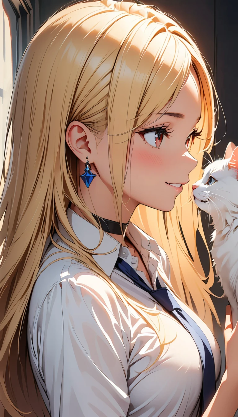 (Highest quality:1.2, Very detailed, Attention to detail, digital coloring, High Contrast, masterpiece:1.2, Highest quality, Best aesthetics), ((1 person)), blonde, Straight Long Hair, Red eyes, Earrings, Black choker, Collared shirt, Blue tie, smile, blush, Facing the cat, profile,Face Up Shot, Face to face with cats:1.2, Focus on profile.rtrophto1,