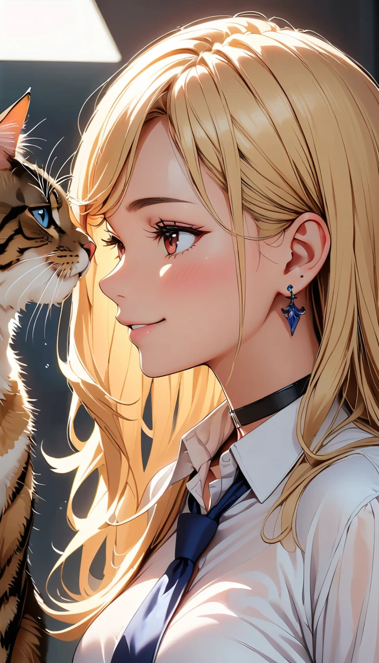 (Highest quality:1.2, Very detailed, Attention to detail, digital coloring, High Contrast, masterpiece:1.2, Highest quality, Best aesthetics), ((1 person)), blonde, Straight Long Hair, Red eyes, Earrings, Black choker, Collared shirt, Blue tie, smile, blush, Facing the cat, profile,Face Up Shot, Face to face with cats:1.2, Focus on profile.rtrophto1,