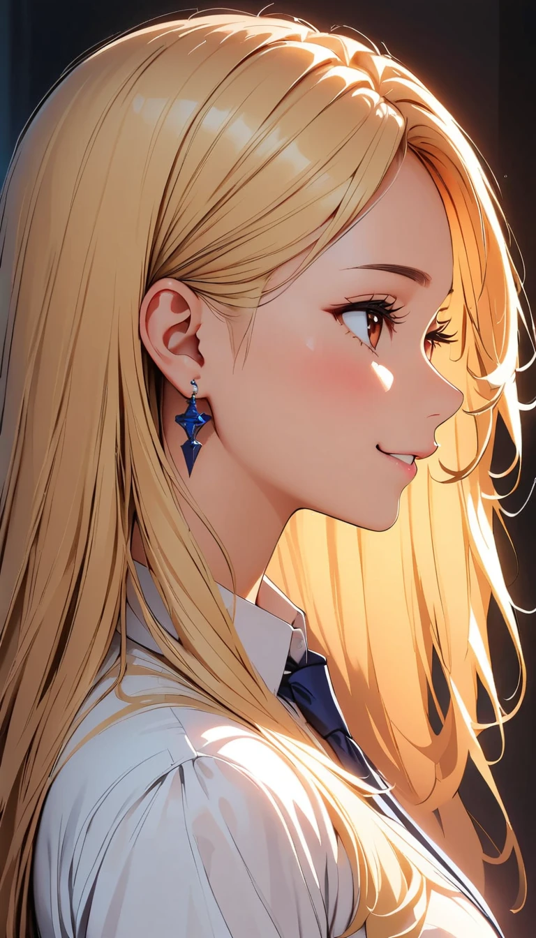 (Highest quality:1.2, Very detailed, Attention to detail, digital coloring, High Contrast, masterpiece:1.2, Highest quality, Best aesthetics), ((1 person)), blonde, Straight Long Hair, Red eyes, Earrings, Black choker, Collared shirt, Blue tie, smile, blush, Facing the cat, profile,Face Up Shot, Face to face with cats:1.2, Focus on profile.rtrophto1,