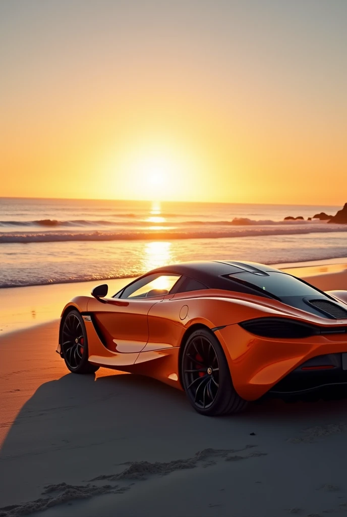 A stunning photograph of a vibrant orange McLaren 720s automobile, prominently displayed on a serene beach during sunset. The car's sleek design, black rims, and polished surface are accentuated by the warm, golden glow of the setting sun. The background reveals a distant horizon, with the sun dipping below the waterline and casting a reflection on the calm ocean. The overall mood of the image is sophisticated and luxurious, evoking a sense of power and freedom as the car dominates the tranquil beach setting., cinematic, vibrant, photo