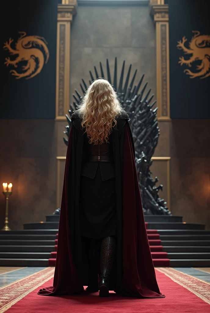 A handsome Aesthetic Targaryen Prince with long curly platinum blonde hair, he's wearing a royal black Cotton hard Prince Costume with Dark Red cloak on his right back shoulder, He's walking to Iron throne on a large throne room, Walls are decorated with Black banners with red Three head dragon sigil of House Targaryen.