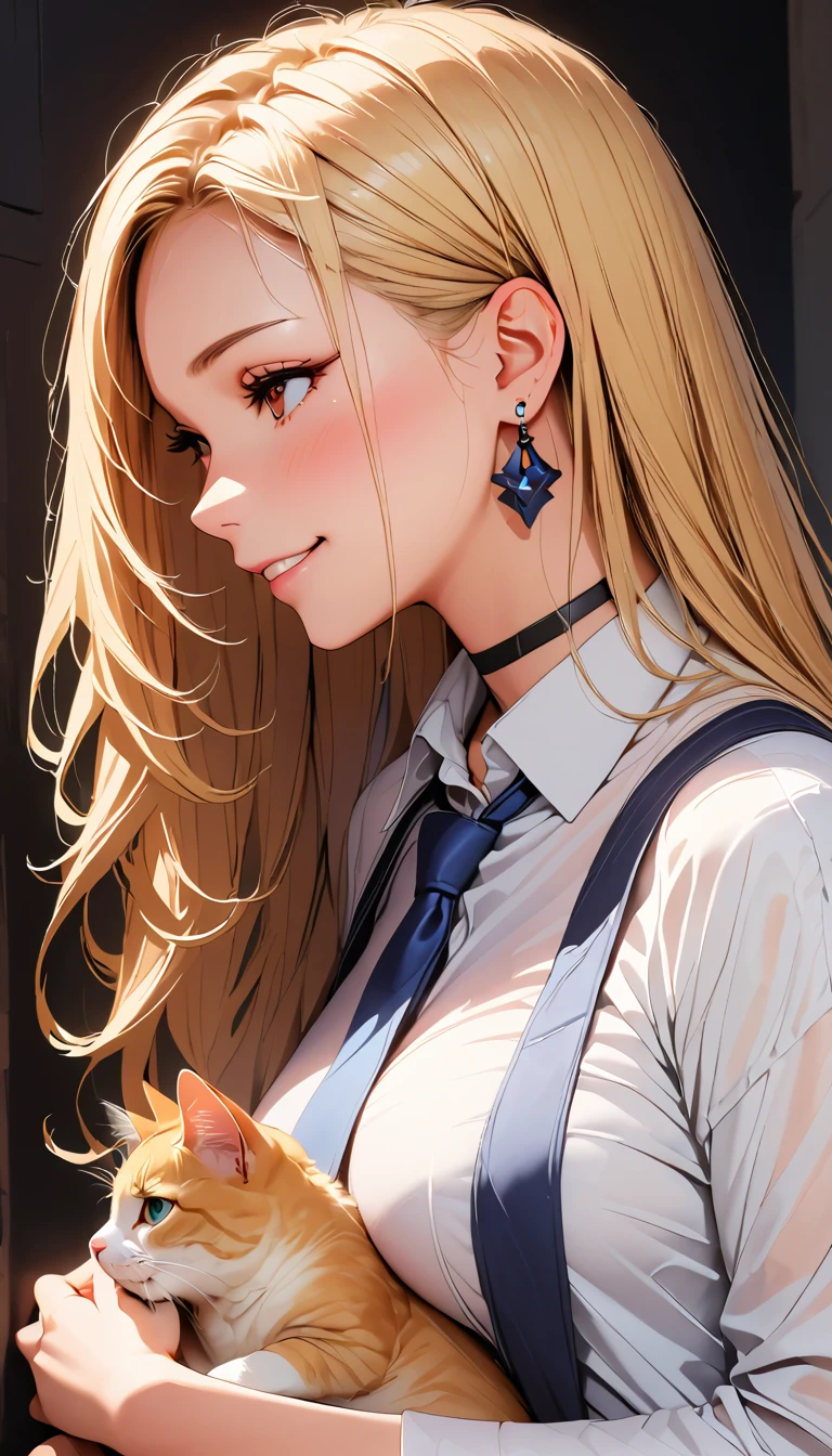 (Highest quality:1.2, Very detailed, Attention to detail, digital coloring, High Contrast, masterpiece:1.2, Highest quality, Best aesthetics), ((1 person)), blonde, Straight Long Hair, Red eyes, Earrings, Black choker, Collared shirt, Blue tie, smile, blush, Facing the cat, profile,Face Up Shot, Face to face with cats:1.2, Focus on profile.,(Realistic skin texture:1.3),