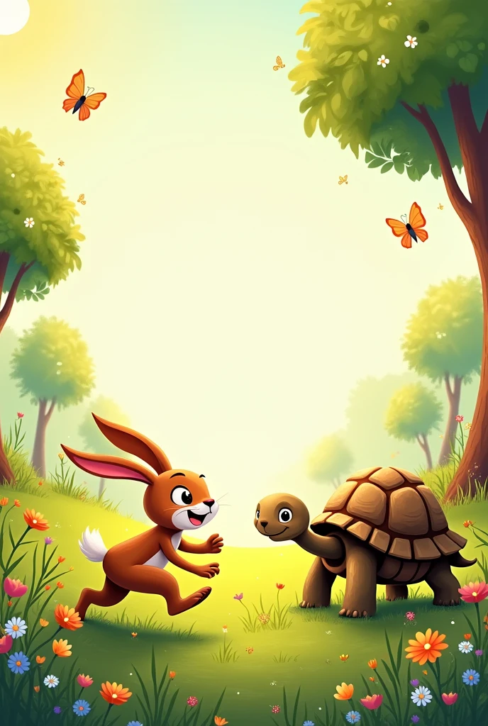Make a frame of the fable of the hare and the tortoise size A4 but leave a large blank space in the center