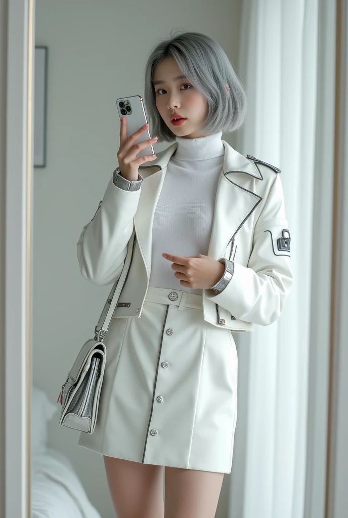 highly detailed, beautiful, hyper Realistic girl, masterpiece, best quality, Japanese sexy gravure woman, 28 years old, identity hidden, takes a selfie in her room using a smartphone in front of a mirror with one hand, fashion model Posing, looking away from the camera, /// gray short hair, light color eyes, Realistic skin, Detailed face, /// casual fashion theme, Design a futuristic fall fashion ensemble centered on white, keeping in line with minimalist aesthetics. The outfit should include a white, form-fitting turtleneck with metallic accents and asymmetrical sleeves, paired with a high-waisted, white A-line skirt made from a tech fabric that has a slight sheen. Layer with a structured, short white jacket featuring angular shoulder pads and reflective panels. Complete the look with white ankle boots that have a metallic finish and a translucent, geometric bag. The overall vibe should exude a sleek, forward-thinking style that seamlessly blends modern minimalism with a touch of the future, /// Monotone simple modern taste single room, mirror, complicated background,