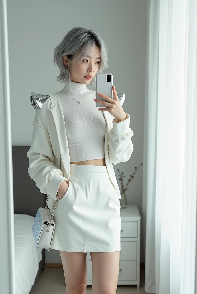 highly detailed, beautiful, hyper Realistic girl, masterpiece, best quality, Japanese sexy gravure woman, 28 years old, identity hidden, takes a selfie in her room using a smartphone in front of a mirror with one hand, fashion model Posing, looking away from the camera, /// gray short hair, light color eyes, Realistic skin, Detailed face, /// casual fashion theme, Design a futuristic fall fashion ensemble centered on white, keeping in line with minimalist aesthetics. The outfit should include a white, form-fitting turtleneck with metallic accents and asymmetrical sleeves, paired with a high-waisted, white A-line skirt made from a tech fabric that has a slight sheen. Layer with a structured, short white jacket featuring angular shoulder pads and reflective panels. Complete the look with white ankle boots that have a metallic finish and a translucent, geometric bag. The overall vibe should exude a sleek, forward-thinking style that seamlessly blends modern minimalism with a touch of the future, /// Monotone simple modern taste single room, mirror, complicated background,