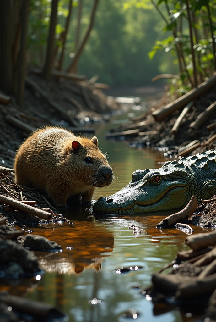 Drawing of a Capybara stuck in a creek with little water and full of broken sticks with a crocodile about to eat it
