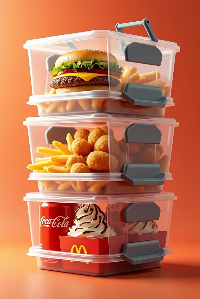 Créer moi une marque de nourriture qui s'appelle : Smart-food, ils servent leurs clients de la nourriture dans des conteneurs rectangulaire ou carré, transparent en plastique, avec des bords arrondis et une poignée grise très très visible et prononcé au dessus de la boite, a l'intérieur de cette boite, se trouve de plus petites boites individuelles, chacune de ces petites boites contiennent : 1 Burger, des frites, des nuggets, 1 Coca-Cola et un McFlurry, chaqun de ces aliments doivent au moins etre present sur l'image, et doit etre visible,