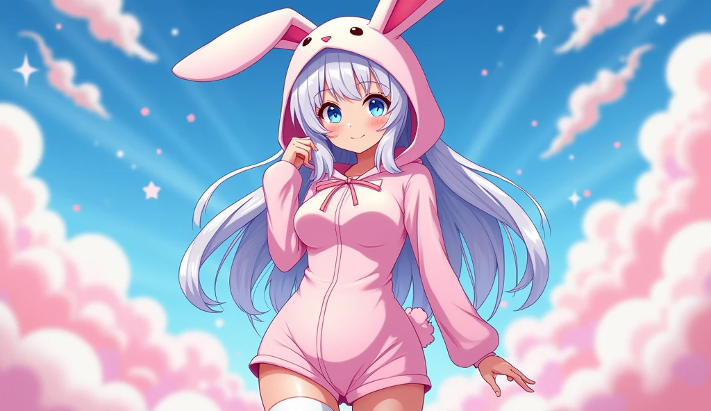 beautiful white woman, anime woman, wearing thigh high, big ass, pinky, cute, kawaii, bunny suit, not realistic, poster