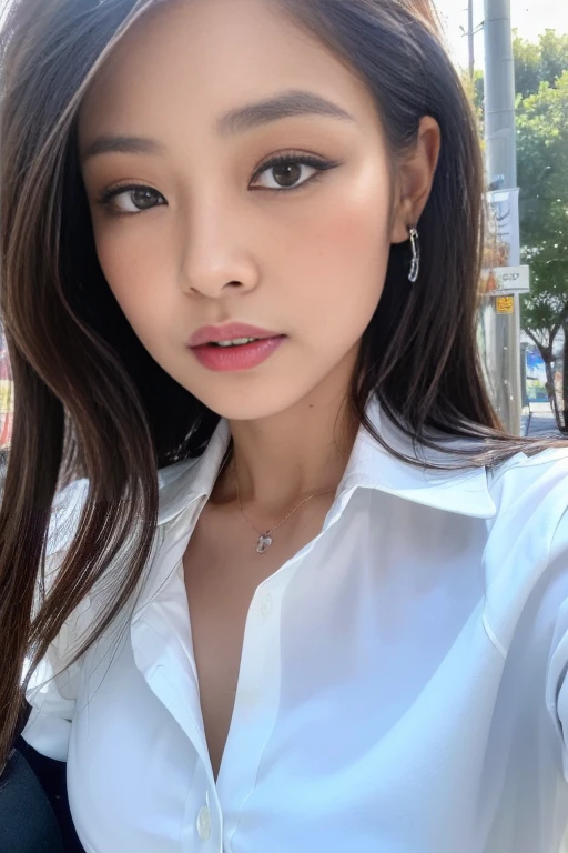 ((Best Quality, 8K, Masterpiece: 1.3)), Sharp: 1.2, Perfect Body Beauty: 1.4, Slim Abs: 1.2, ((Layered Hairstyle, Big Breasts: 1.2)), (Wet White Button Long Shirt: 1.1), (Rain, Street: 1.2), Wet: 1.5, Highly detailed face and skin texture, detailed eyes, double eyelids, side face looking at the camera