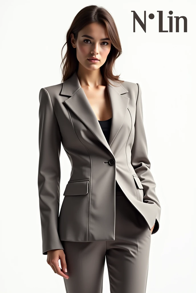 Create a fashion poster featuring a women's blazer as the main product, with the brand name 'N'Lin' prominently displayed in the image. The poster should exude elegance and sophistication, appealing to young women with a refined and trendy sense of style. Use a minimalist design with a clean background, focusing on the blazer's details and quality. The typography should be sleek and modern, and the placement of 'N'Lin' should be tasteful yet noticeable, reinforcing the brand's identity within the high-fashion market