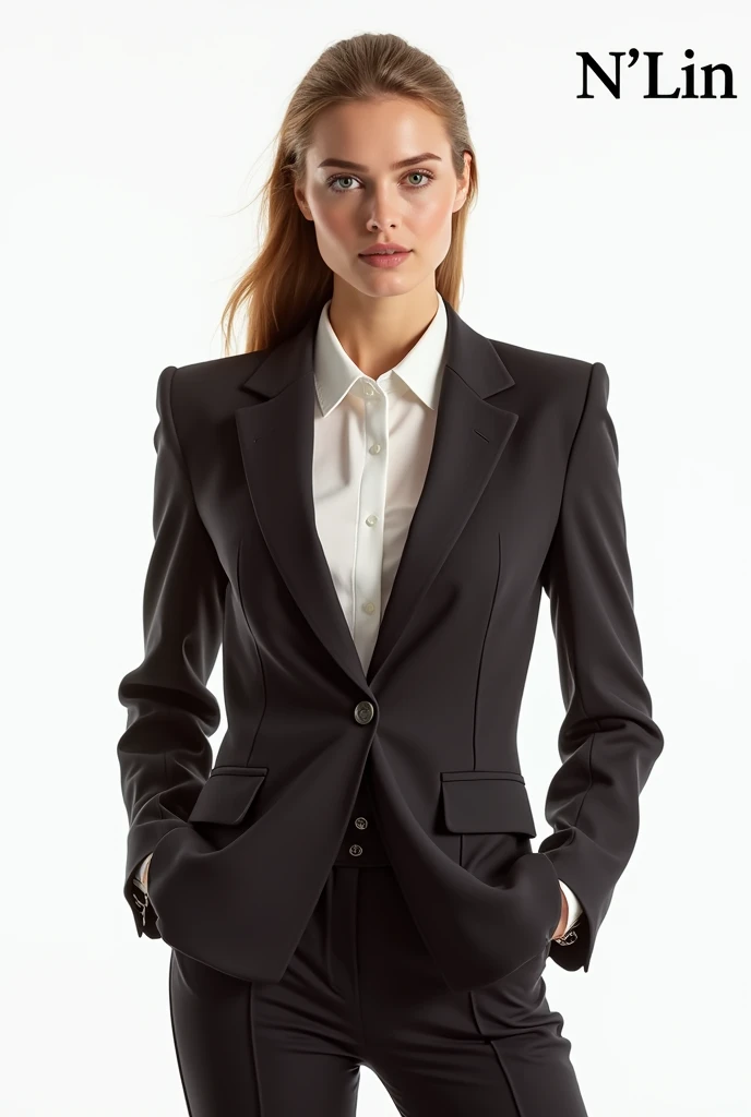 Create a fashion poster featuring a women's blazer as the main product, with the brand name 'N'Lin' prominently displayed in the image. The poster should exude elegance and sophistication, appealing to young women with a refined and trendy sense of style. Use a minimalist design with a clean background, focusing on the blazer's details and quality. The typography should be sleek and modern, and the placement of 'N'Lin' should be tasteful yet noticeable, reinforcing the brand's identity within the high-fashion market