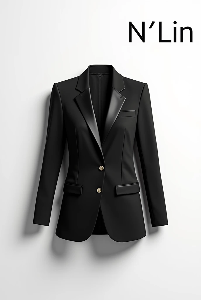 Create a fashion poster featuring a women's blazer as the main product, with the brand name 'N'Lin' prominently displayed in the image. The poster should exude elegance and sophistication, appealing to young women with a refined and trendy sense of style. Use a minimalist design with a clean background, focusing on the blazer's details and quality. The typography should be sleek and modern, and the placement of 'N'Lin' should be tasteful yet noticeable, reinforcing the brand's identity within the high-fashion market