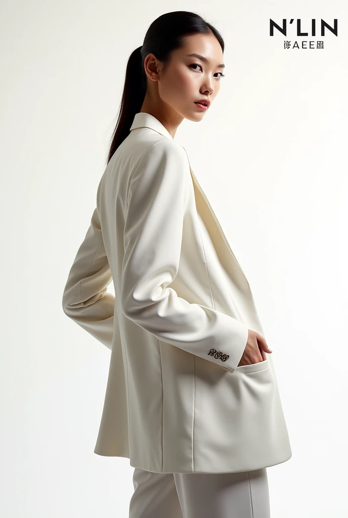 Create a fashion poster featuring a women's blazer as the main product, with the brand name 'N'Lin' prominently displayed in the image. The poster should exude elegance and sophistication, appealing to young women with a refined and trendy sense of style. Use a minimalist design with a clean background, focusing on the blazer's details and quality. The typography should be sleek and modern, and the placement of 'N'Lin' should be tasteful yet noticeable, reinforcing the brand's identity within the high-fashion market
