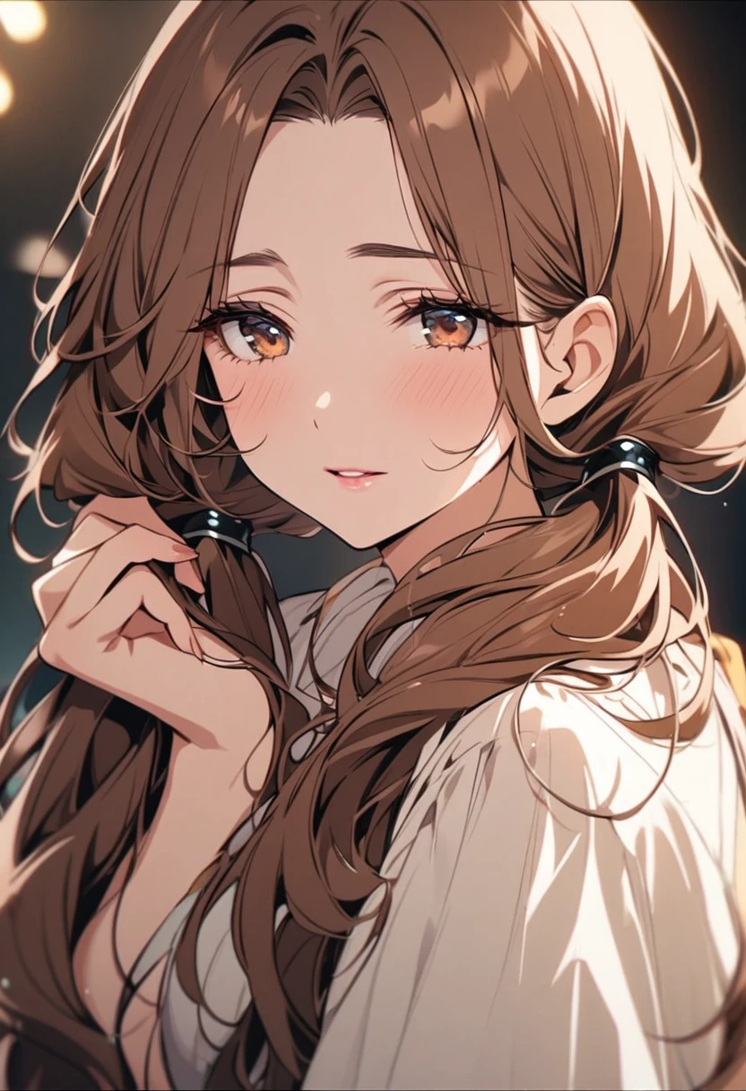girl, mature, cute, brown hair, brown eyes, low twin tails, long hair, beaautiful color, beautiful eyes, pretty, half eyes